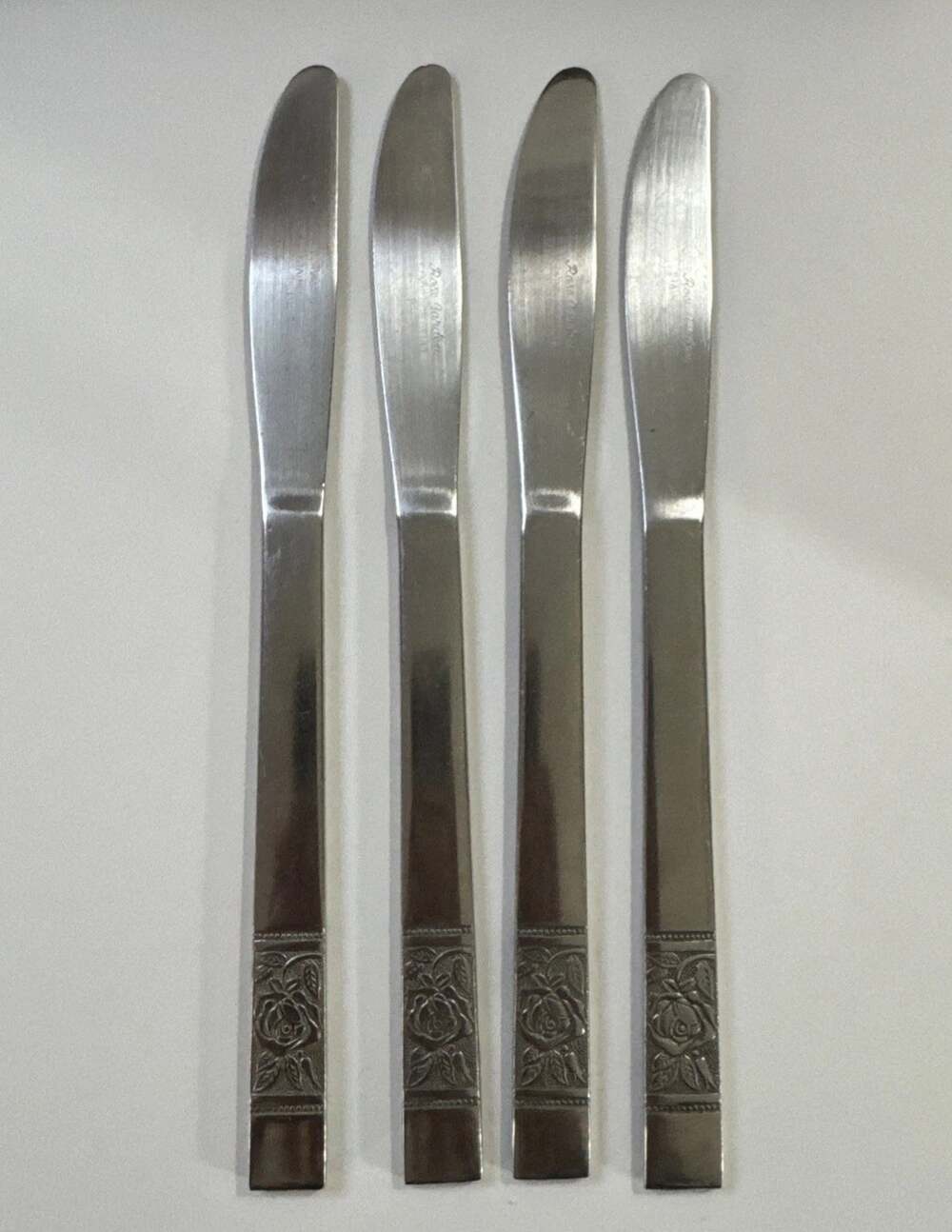 Vintage National Stainless Rose Leaves Flatware 4 Dinner Knives Japan